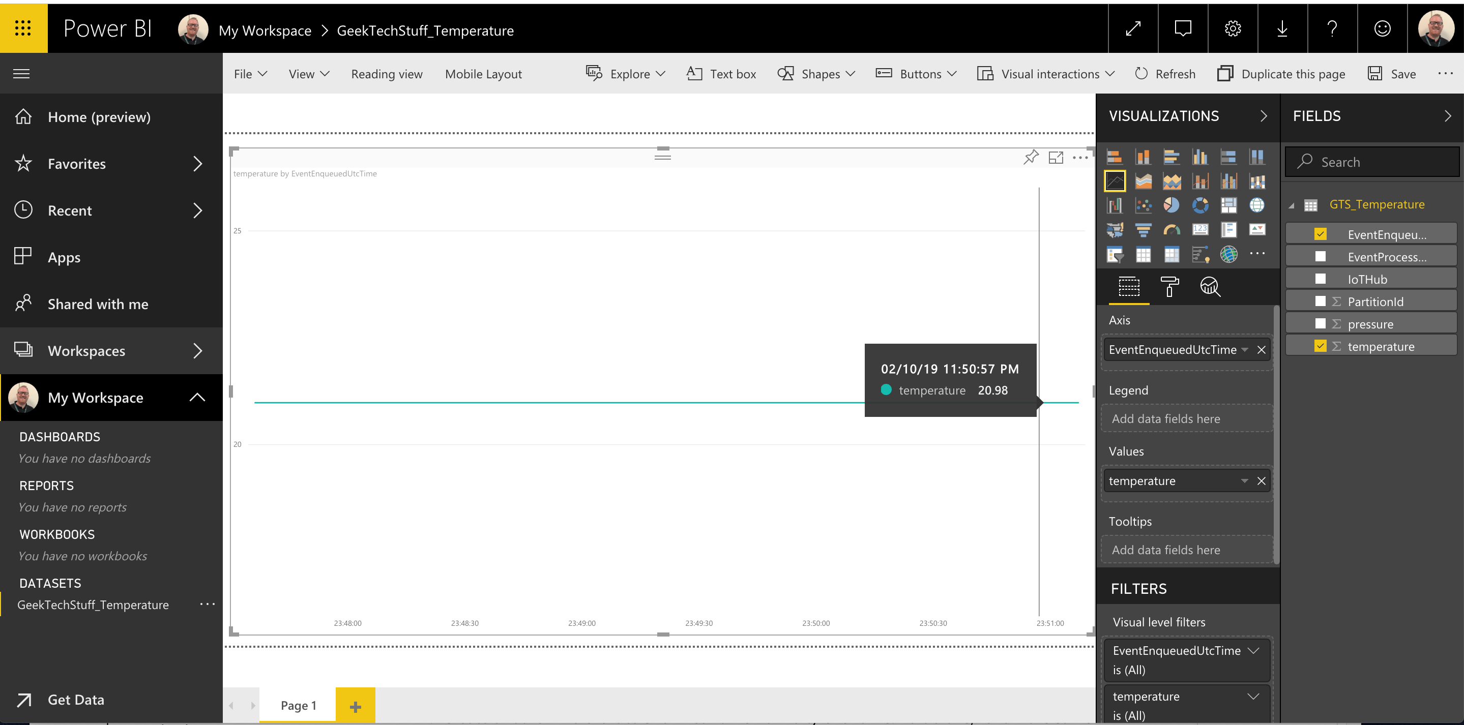 Power BI streaming temperature readings