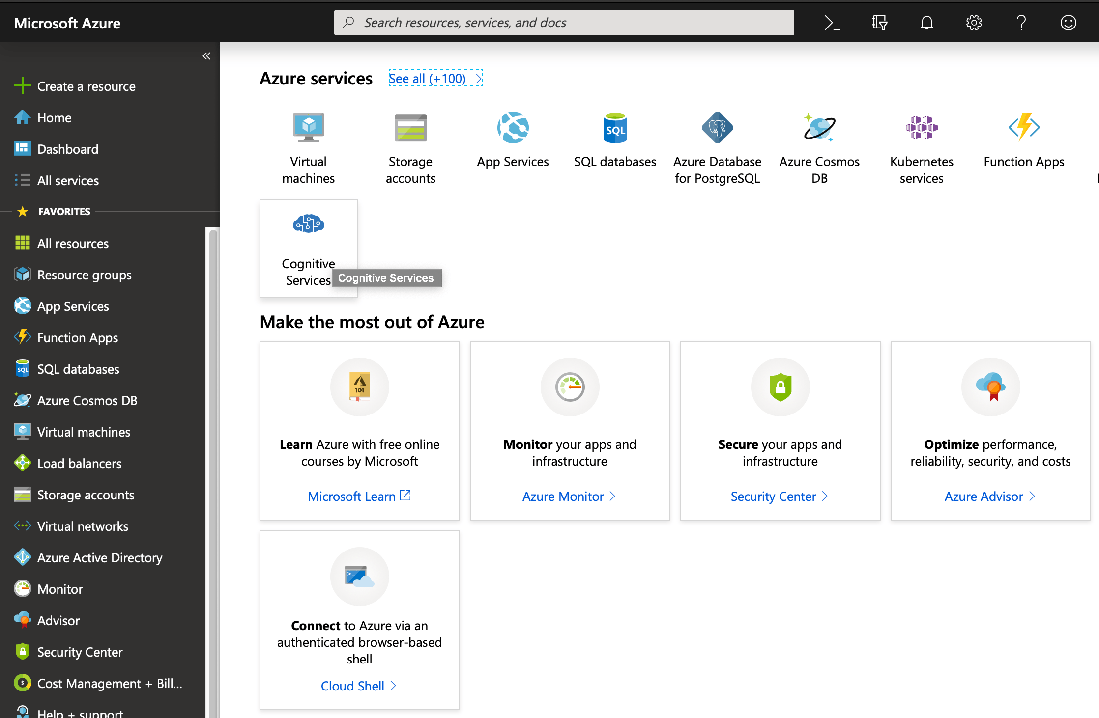 Azure Cognitive Services Menu