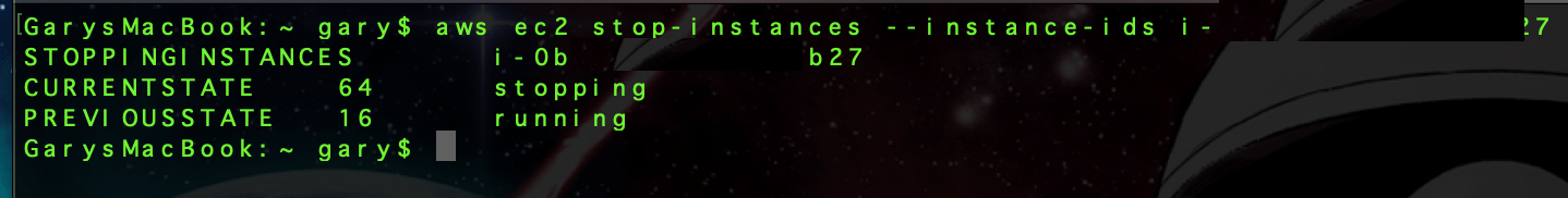 aws ec2 stop-instances --instance-ids XXXXX
