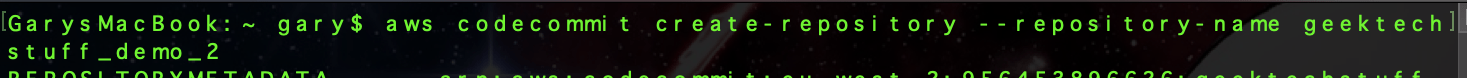 aws codecommit create-repository --repository-name geektechstuff_demo_2