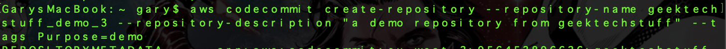 aws codecommit create-repository --repository-name geektechstuff_demo_3 --repository-description "a demo repository from geektechstuff" --tags Purpose=demo