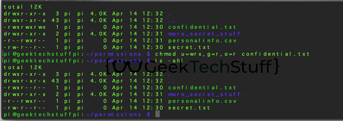 chmod u=wrx,g=r,o=r confidential.txt