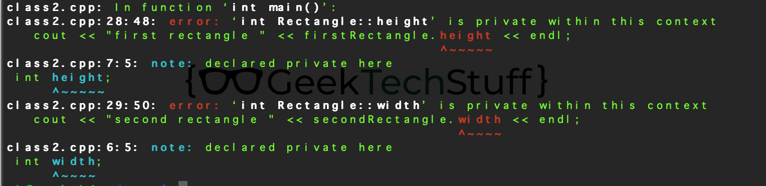 The compiler error explaining that height and width are private and unavailable