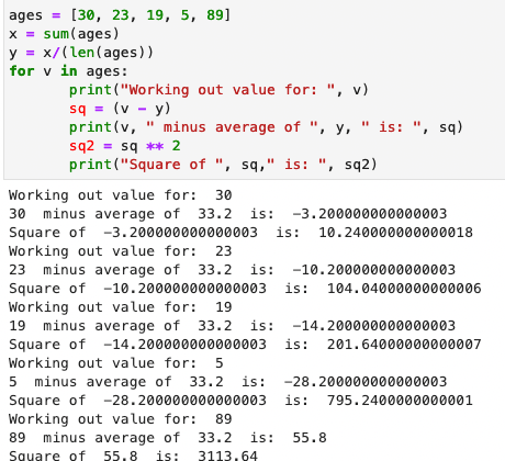 Python working out squares of the items in the ages array.