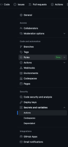 GitHub repository settings showing General, Access, Code and Automation, Security and Integration options