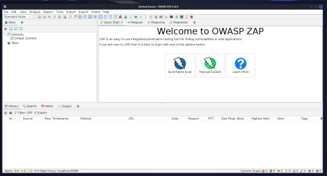 OWASP ZAP welcome screen, with options for automated scan and manual explore.