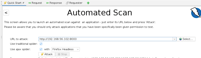 The ZAP Automated scan screen asking for a URL to scan and giving scan options