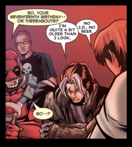 A panel from a comic book, showing Deadpool and Cable at a bar.